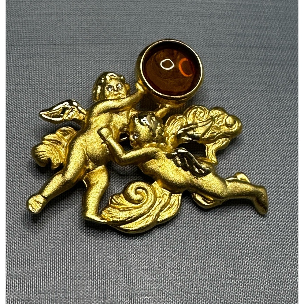 Vintage Cherubs with Gemstone Eyes & Baltic Amber Signed LS Brooch Pin